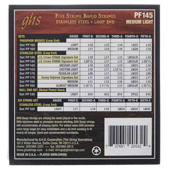 GHS PF145 Banjo Strings Stainless Steel Medium Light (010-022)