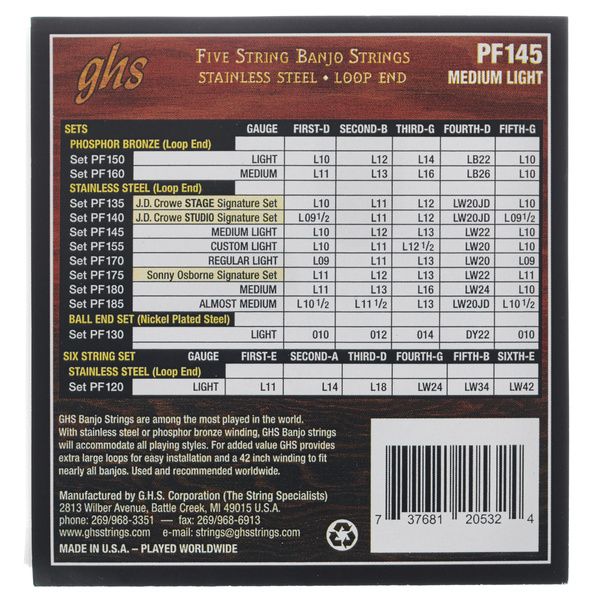 GHS PF145 Banjo Strings Stainless Steel Medium Light (010-022)