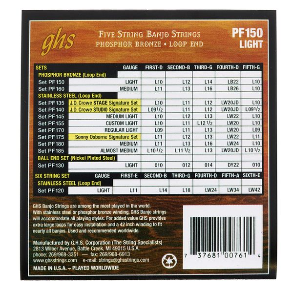 GHS PF150 Banjo Strings Phosphor Bronze Light (010-022)