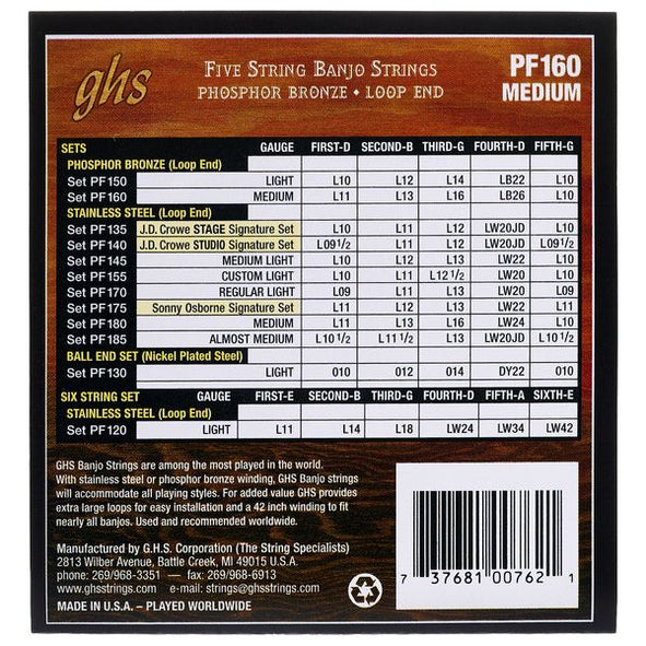 GHS PF160 Banjo Strings Phosphor Bronze Medium (011-026)