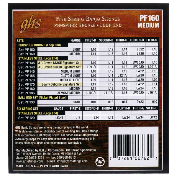 GHS PF160 Banjo Strings Phosphor Bronze Medium (011-026)