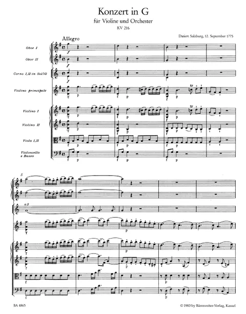 Baerenreiter Mozart Concerto for Violin and Orchestra no.3 in G major K.216