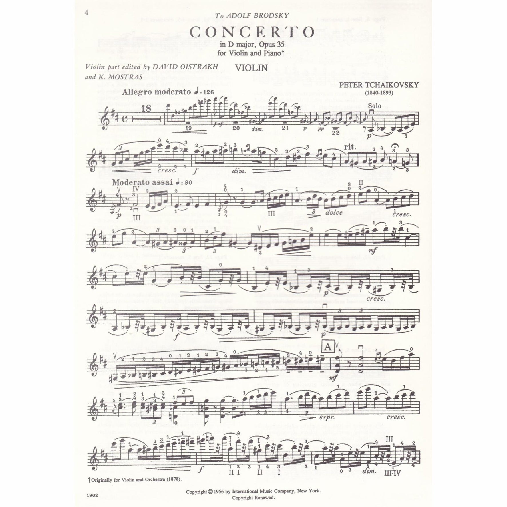 Tchaikovsky Concerto in D Major Op. 35, for Violin and Piano