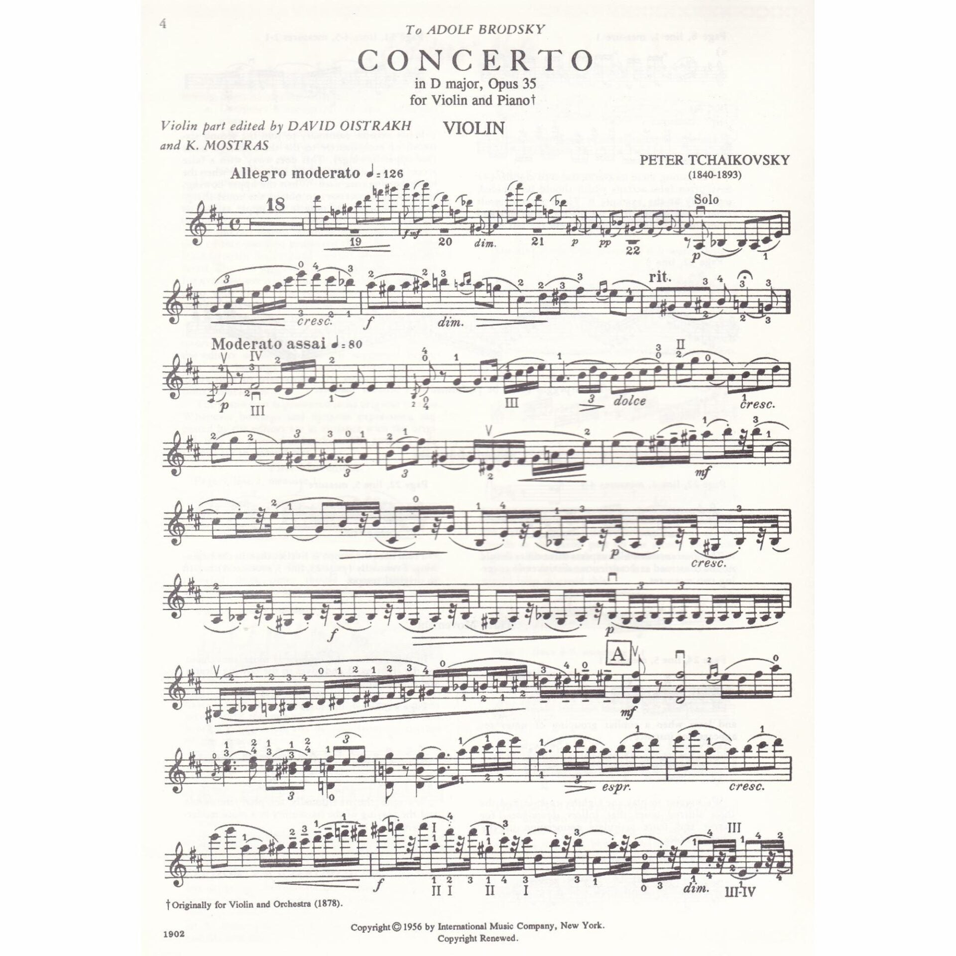 Tchaikovsky Concerto in D Major Op. 35, for Violin and Piano