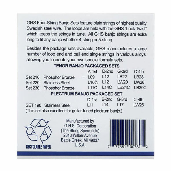 GHS Tenor Banjo Strings Stainless Steel Light 010 1/2-028 model 220