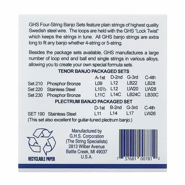 GHS Tenor Banjo Strings Stainless Steel Light 010 1/2-028 model 220