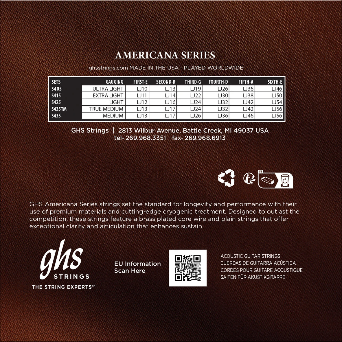 GHS S425 Americana Phosphor Bronze Acoustic Guitar Strings Light (12-54)